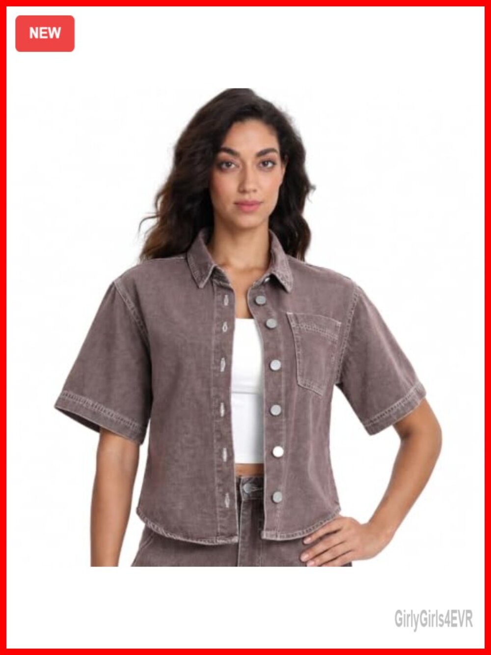 Women's Cropped Denim Button Down Shirt Short Sleeve 100% Cotton